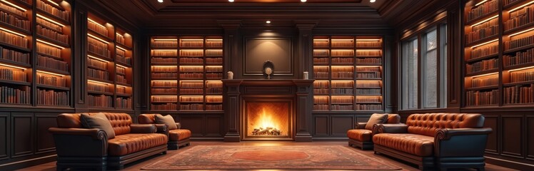 Fototapeta premium Warm library features fireplace and leather seating. Extensive bookshelves line walls with warm lighting. Cozy room for reading relaxation and study. Comfortable space for quiet contemplation.