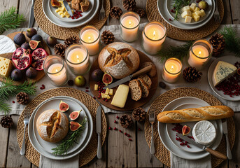 Cozy holiday dinner table with fresh bread, cheese, figs, and warm candle light