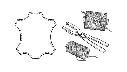 Handcrafted leatherwork with stitching tools and thread in detailed sketch style
