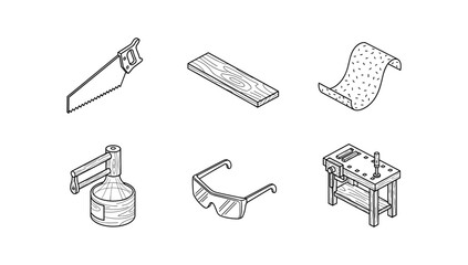 Essential workshop tools and materials in isometric style for diy projects and woodworking