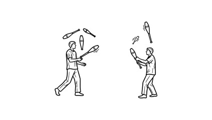 Line art jugglers performing with clubs in black and white