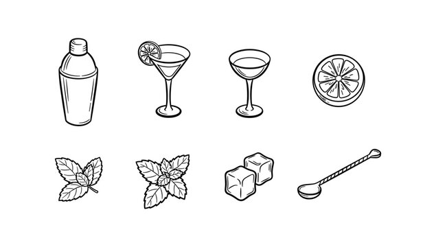 Cocktail elements: shaker, glasses, lemon, mint, ice cubes, spoon - hand drawn style
