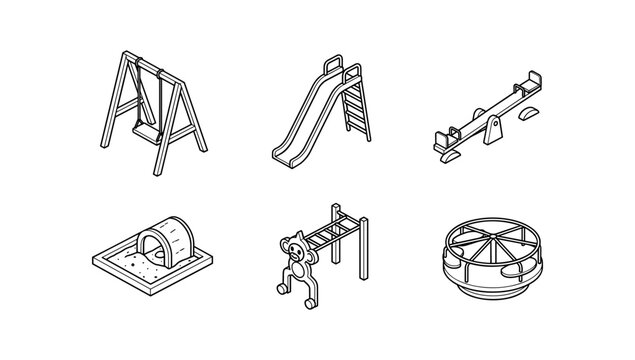 Linear playground equipment set with swings, slide, seesaw, sandbox, monkey bars, and carousel