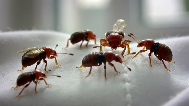 Closeup of bed bugs on white fabric highlights growing infestations and control needs in Europe
