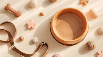 Pet Accessories and Empty Bowl on Beige Background