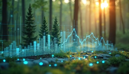Digital forest data analysis with glowing charts and bar graphs. Abstract concept of environmental economics finance and tech, showing growth and trends in nature.