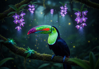 Vibrant Keel-billed Toucan perched on mossy branch among glowing purple orchids in mystical jungle at night