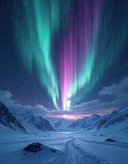 Abstract aurora borealis illuminates snowy mountain valley at night. Glowing light streaks in green and purple fill the dark sky above snow covered peaks and a frozen landscape.