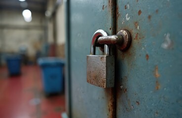 Old rusted padlock on a metal door. Macro shot shows texture of corrosion. Blurred background with industrial bins suggests storage area security. Safety concept.