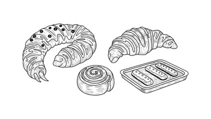 Hand drawn bakery pastries: croissant, cinnamon roll, biscuit, and more in black and white
