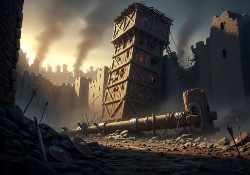 Epic medieval siege with giant wooden tower and massive battering ram outside castle walls at sunset