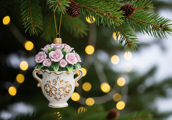 Elegant vintage porcelain urn ornament with pink roses hanging on Christmas tree branch
