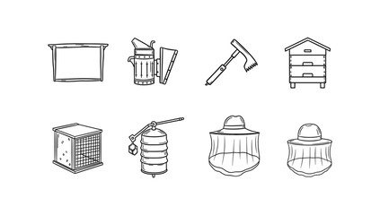 Collection of beekeeping tools and equipment in linear style