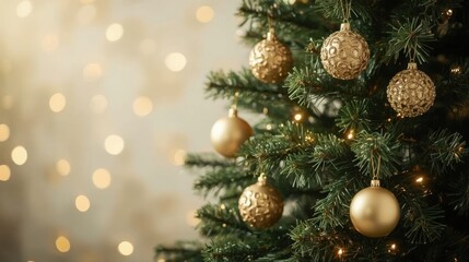 Obraz premium A majestic christmas tree stands tall with intricate gold ornaments and warm lights on a softly blurred background with bokeh effect