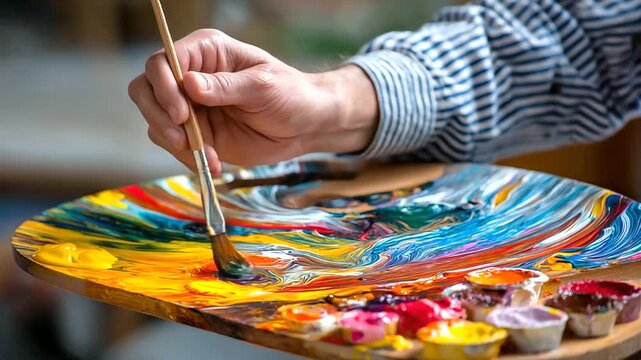 Painter mixing pigments that shift color with angle, iridescent swirls mirroring cosmic nebulae forming on wooden palette