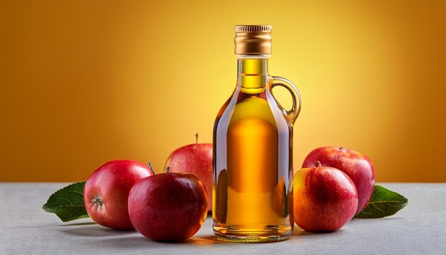 apple cider vinegar in glass bottles with fresh apples around on yellow background