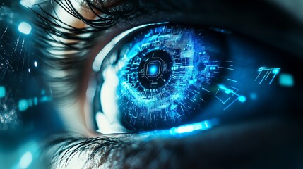 A futuristic close-up of a human eye with a blue circuit board iris and digital elements in the background