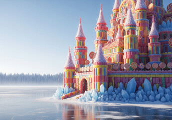 Magical candy castle made of sweets and lollipops on frozen lake in winter - with copy space