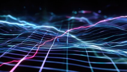 Digital abstract visualization of data, waves, lines and grids glowing in shades of blue, pink and purple
