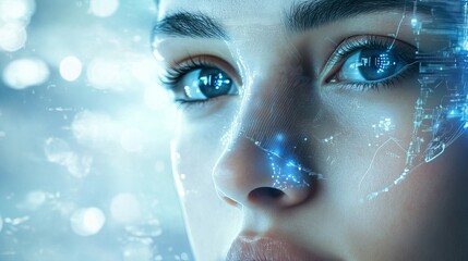 A futuristic close-up portrait of a woman with blue eyes and digital circuit patterns on her face