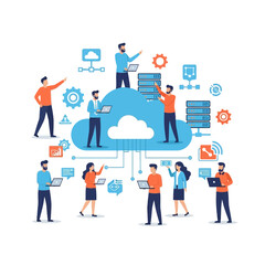 Team Collaborating on Cloud Computing Solutions with Data Analytics Graphics in Background