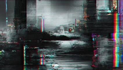 Distorted digital landscape with glitch effects creating abstract shapes and color distortions, cinematic