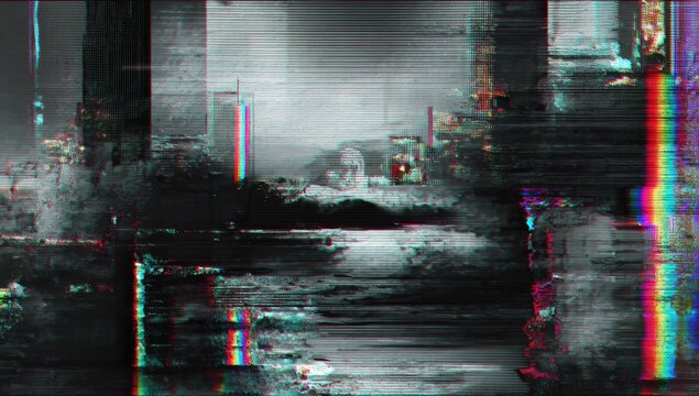 Distorted digital landscape with glitch effects creating abstract shapes and color distortions, cinematic