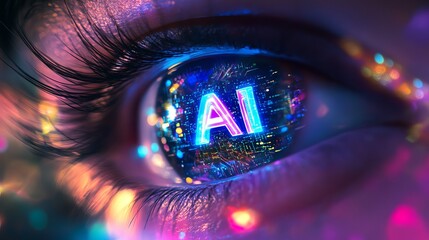 A close-up of a human eye with a futuristic AI neon sign reflected in the pupil