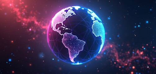 Glowing digital Earth with neon light grid lines connects continents. Futuristic world cyberspace background with floating particles and energy waves. Global network connection.