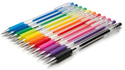 Fototapeta premium A collection of multicolored pens arranged neatly. The pens have vibrant, colorful barrels and metallic tips, ideal for artistic endeavors and office tasks. 