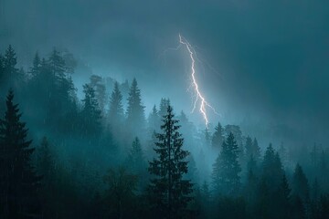 A striking nighttime scene in a foggy forest, illuminated by a powerful lightning strike