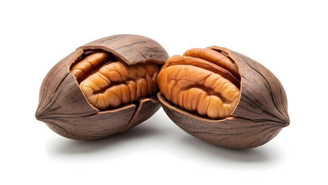 Close-up shot of two shelled pecans on a table, ready for snacking