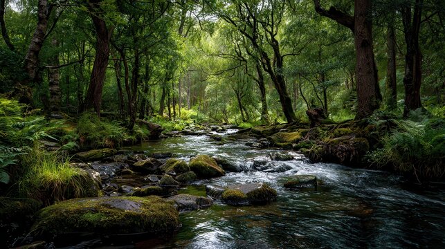 A beautiful forest stream flowing over mossy rocks with lush green trees surrounding it. - Powered by Adobe