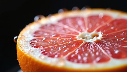 Close up juicy pink grapefruit slice with clear water drops. Fruit segment has vibrant color and fresh texture. Healthy natural food detail against dark backdrop.