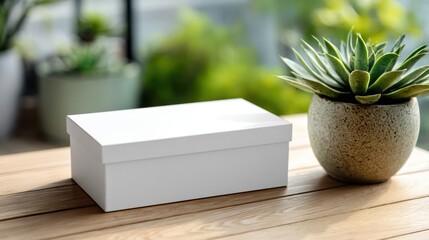 A plain white box sits on a wooden table next to a potted succulent plant, with a blurred green background suggesting an outdoor or indoor garden setting.