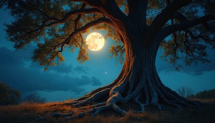 Ancient tree roots spread across grassy field under full moon. Branches reach skyward towards luminous moon and dark cloudy night. Natural landscape scene.