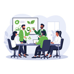 Business meeting discussing sustainability strategies with charts and graphs in a modern office
