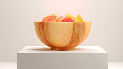 Wooden Bowl with Citrus Slices on White Pedestal
