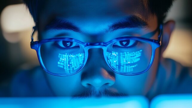 A close-up of a man wearing glasses with code reflected in the lenses, looking at a computer screen in a dark room.