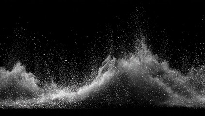 A dynamic view showcasing a billowing cloud of powdery substance against a stark, black background