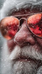 Artistic Close-Up of Santa in Red Sunglasses Reflecting Snowflakes