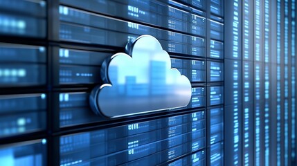 A cloud icon is displayed on a server wall with rows of computer data screens in the background.