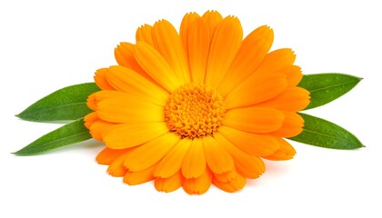 Close-up of a vibrant orange flower with surrounding green leaves