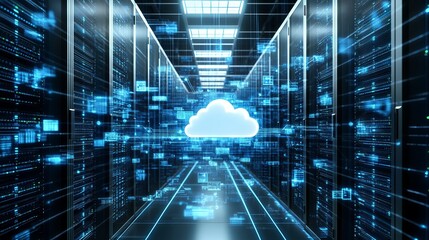 A futuristic server room with a glowing cloud in the center of rows of computer servers and data storage racks