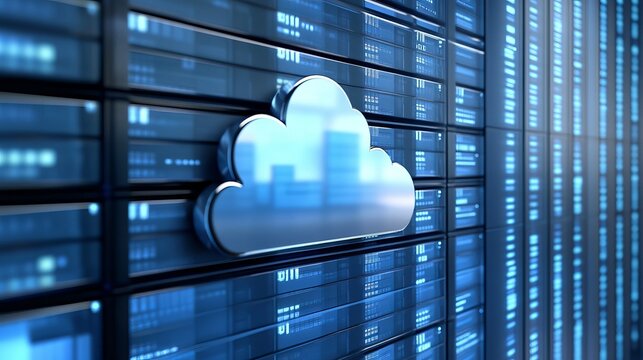 A cloud icon is displayed on a server wall with rows of computer data screens in the background. - Powered by Adobe