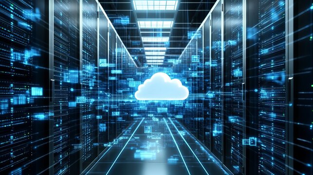 A futuristic server room with a glowing cloud in the center of rows of computer servers and data storage racks - Powered by Adobe