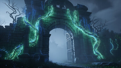 Magical fantasy gate, glowing lights, mystical archway, enchanted forest, digital art
