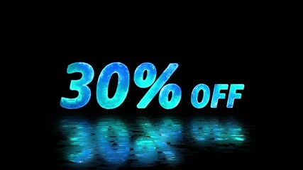 Neon cyan blue glowing 30 percent off sign on black background. Abstract 30% percent off text neon animation. - Powered by Adobe