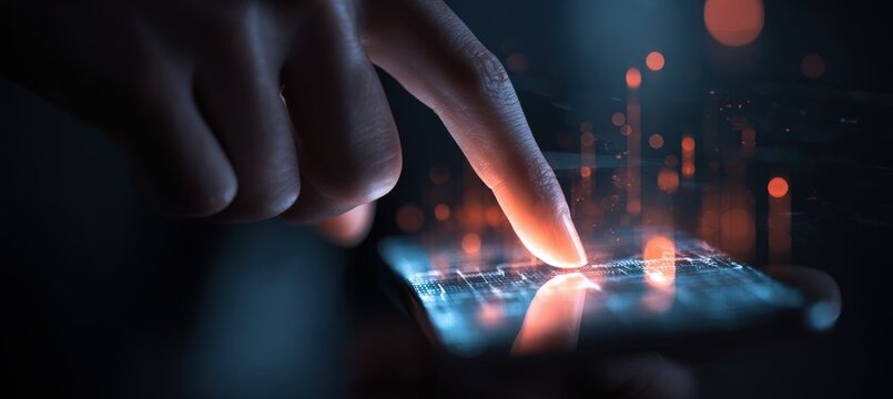 Close-up of Finger Interacting with Glowing Smartphone Interface in Digital Art - Powered by Adobe