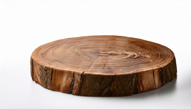 rustic wooden log podium natural texture white background
